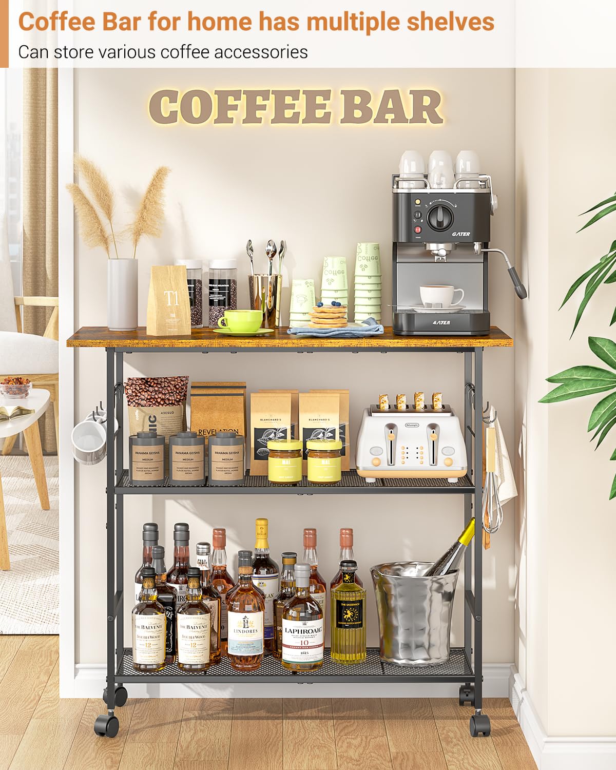 ThreeHio kitchen island features a durable metal frame and panels.