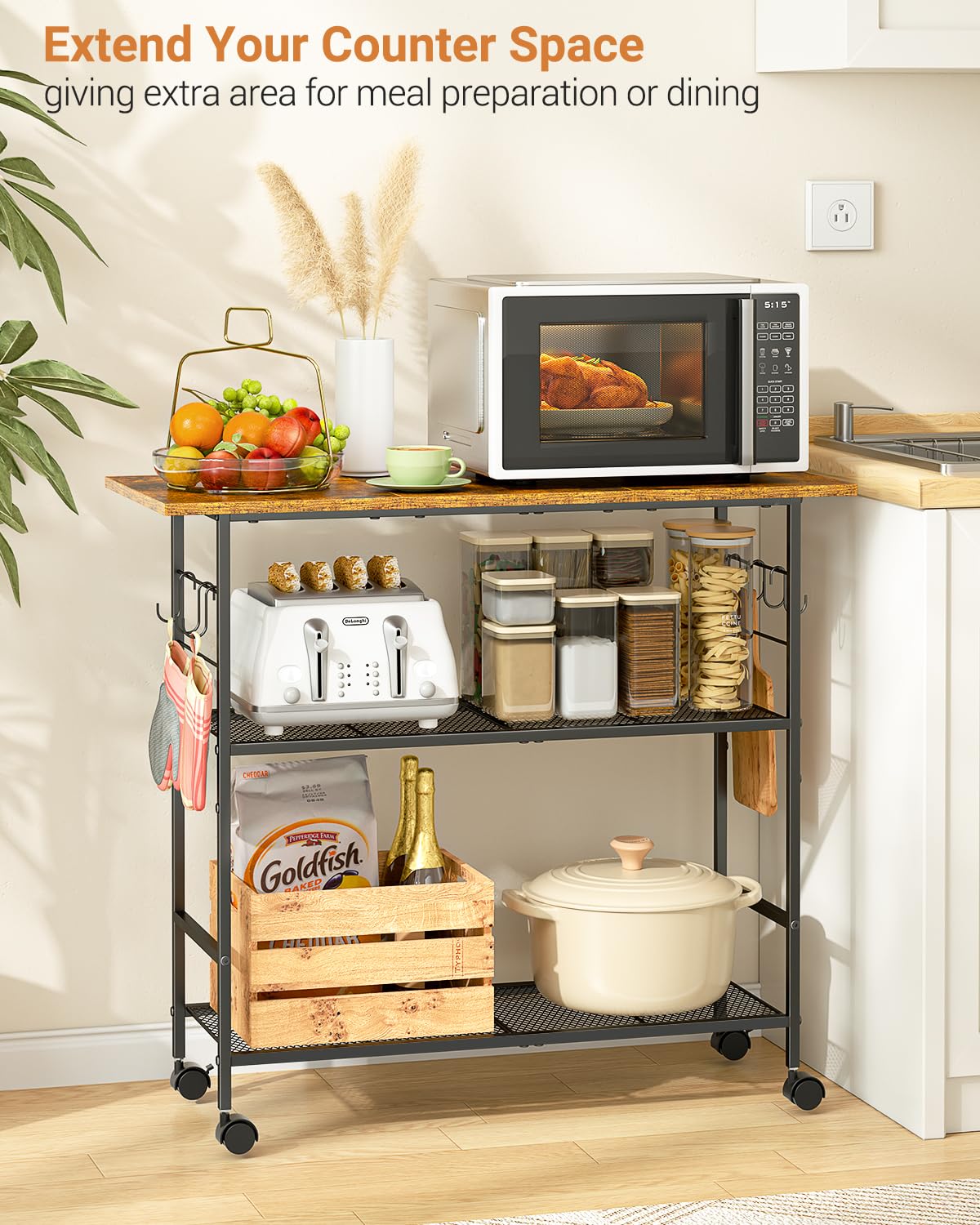 ThreeHio kitchen island as a microwave stand to save space.