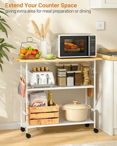 ThreeHio kitchen island used as microwave stand saving counter space.