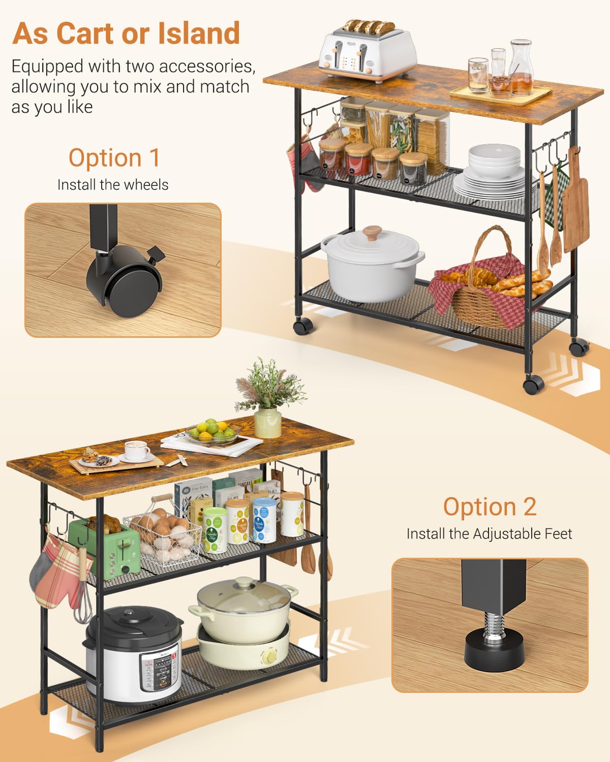 ThreeHio kitchen island on rolling wheels for easy mobility.