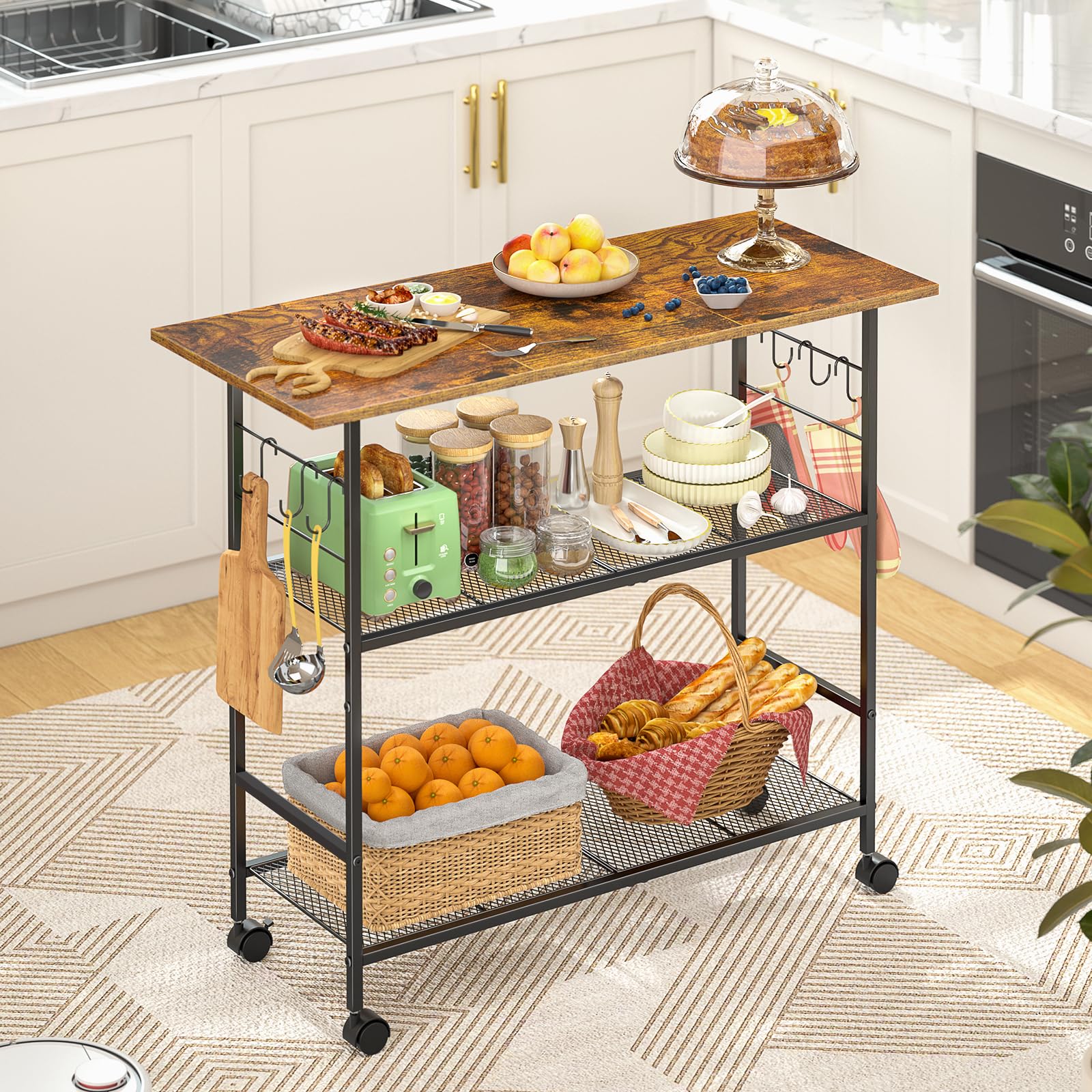 ThreeHio kitchen island top shelf view shows organized storage.