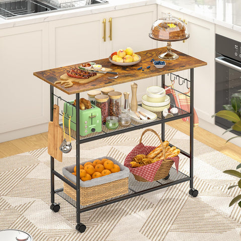 ThreeHio kitchen island top shelf view shows organized storage.