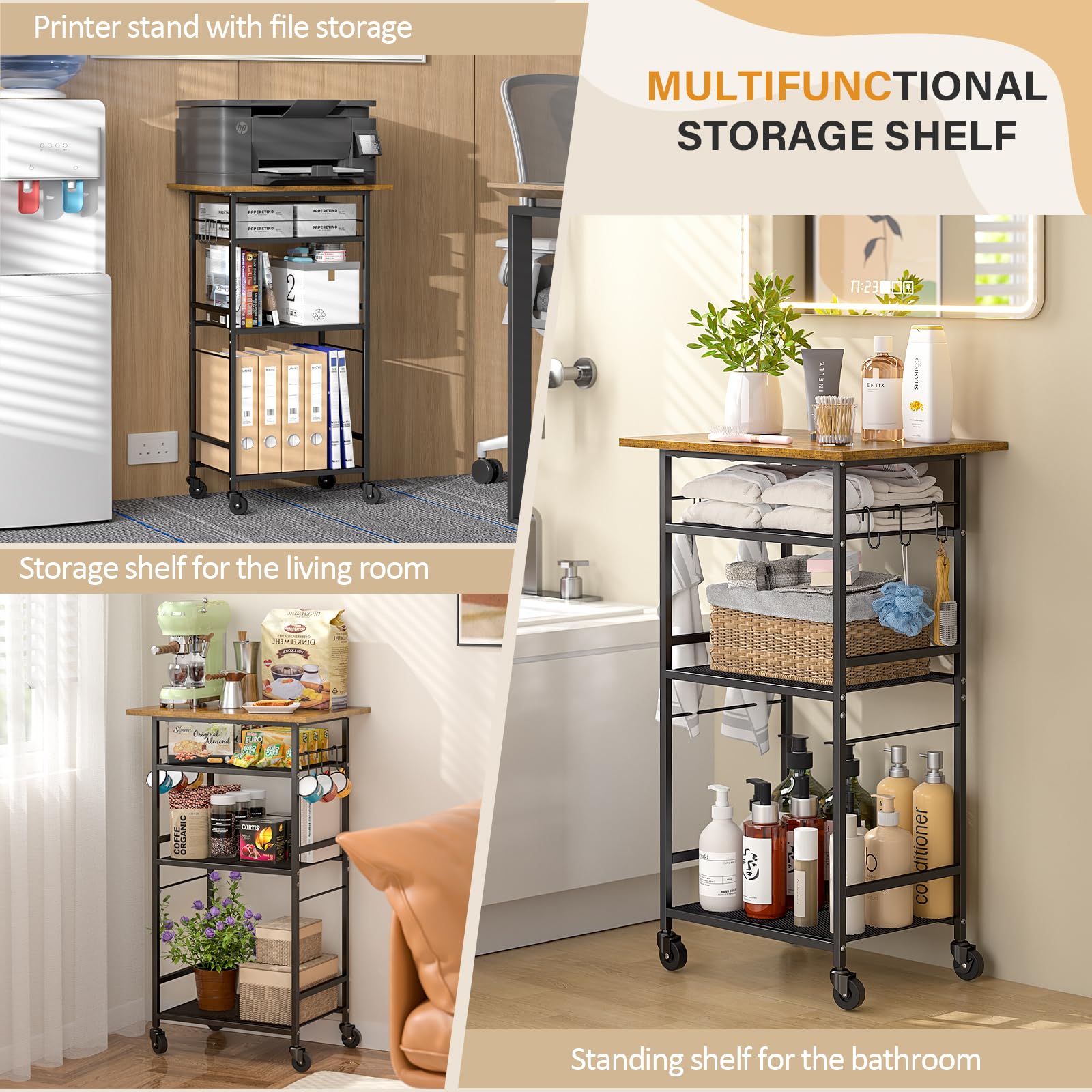 ThreeHio microwave cart wood and metal construction highlights durability