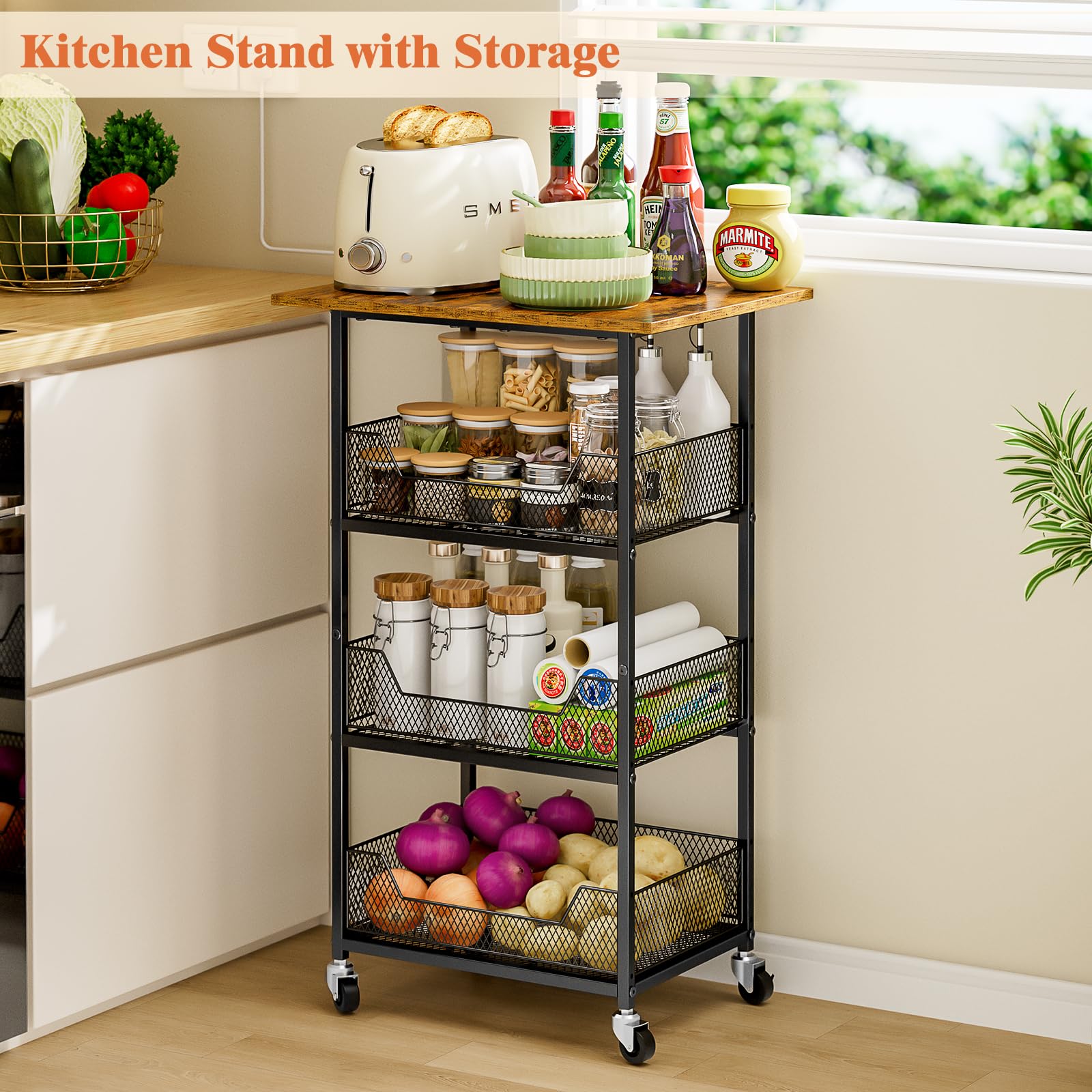 ThreeHio microwave cart four casters with locks for stability.