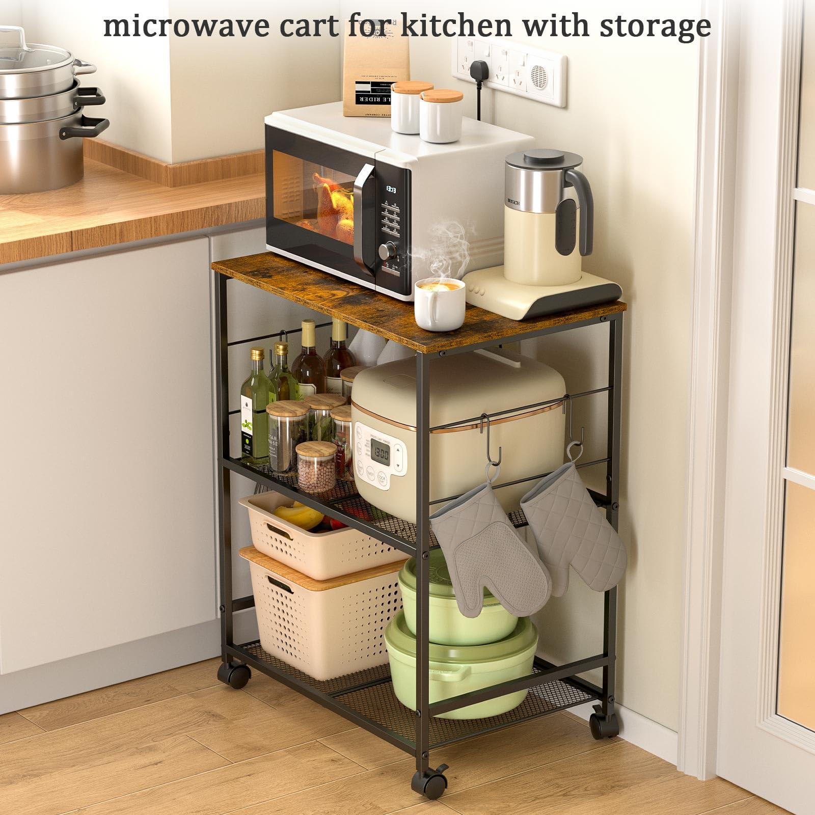 ThreeHio microwave cart in kitchen use as versatile serving station