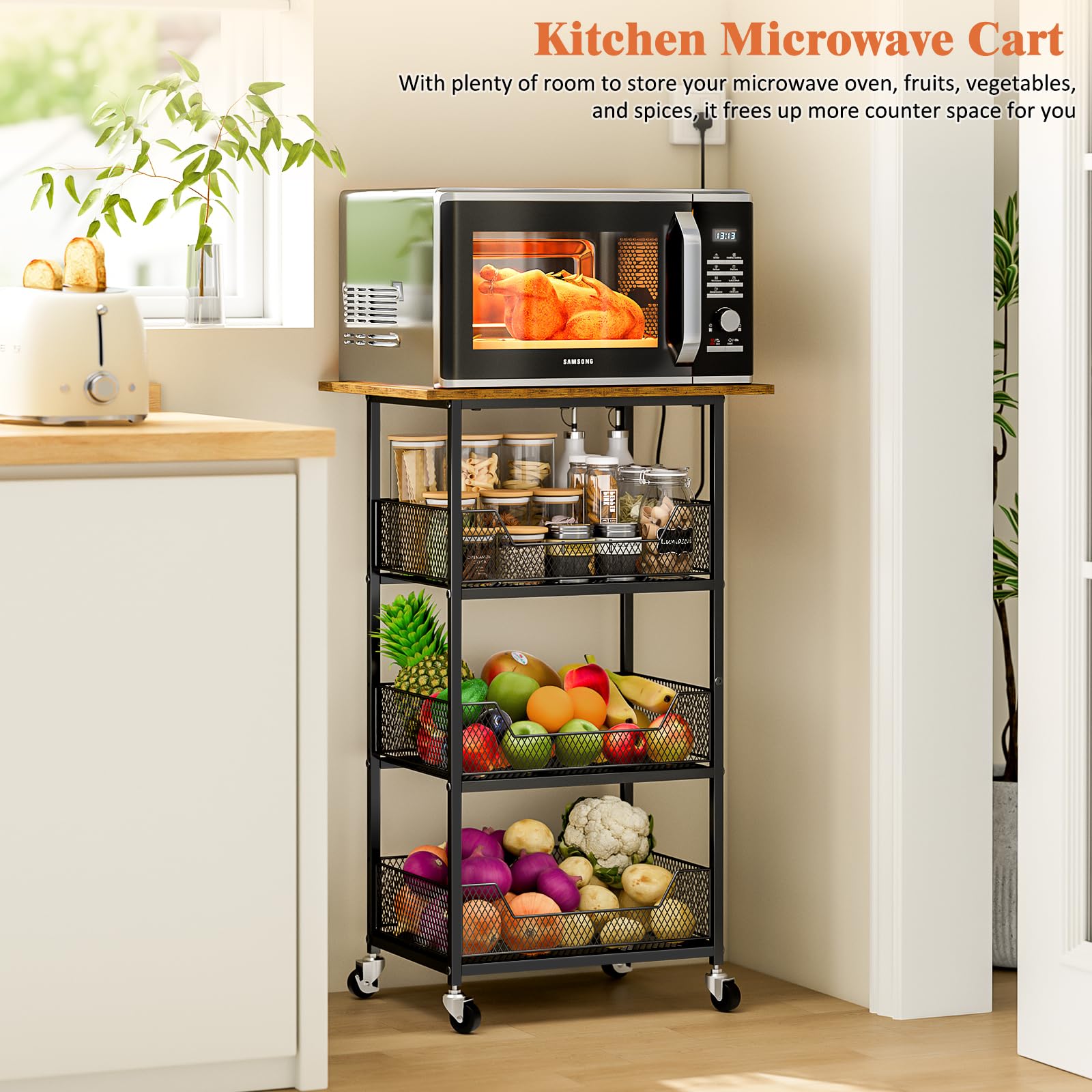 ThreeHio microwave cart three-tier baskets maximize produce and pantry storage.