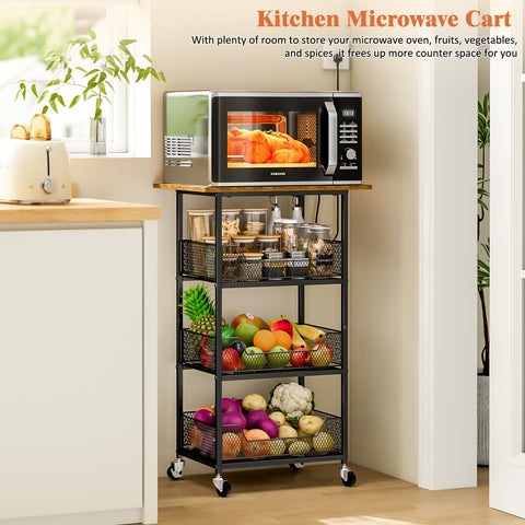 ThreeHio microwave cart three-tier baskets maximize produce and pantry storage.