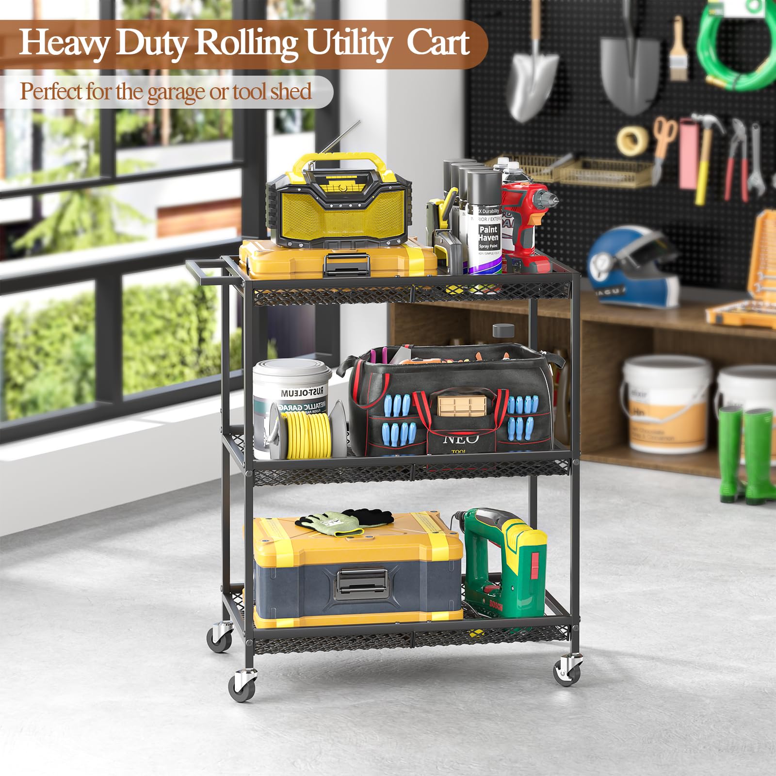 ThreeHio office setup uses rolling cart for document storage and supplies