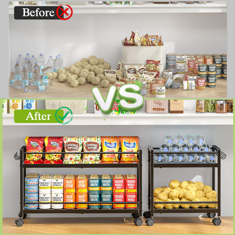 ThreeHio pantry cart features 4 hooks for hanging bags, tools, and accessories.