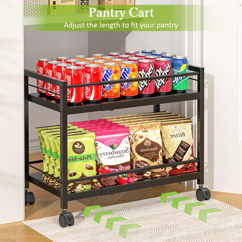 ThreeHio pantry cart two-tier storage keeps snacks, cans, and produce neatly organized.