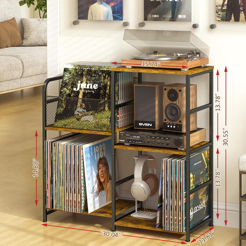 ThreeHio record player stand front view showing durable MDF and metal frame