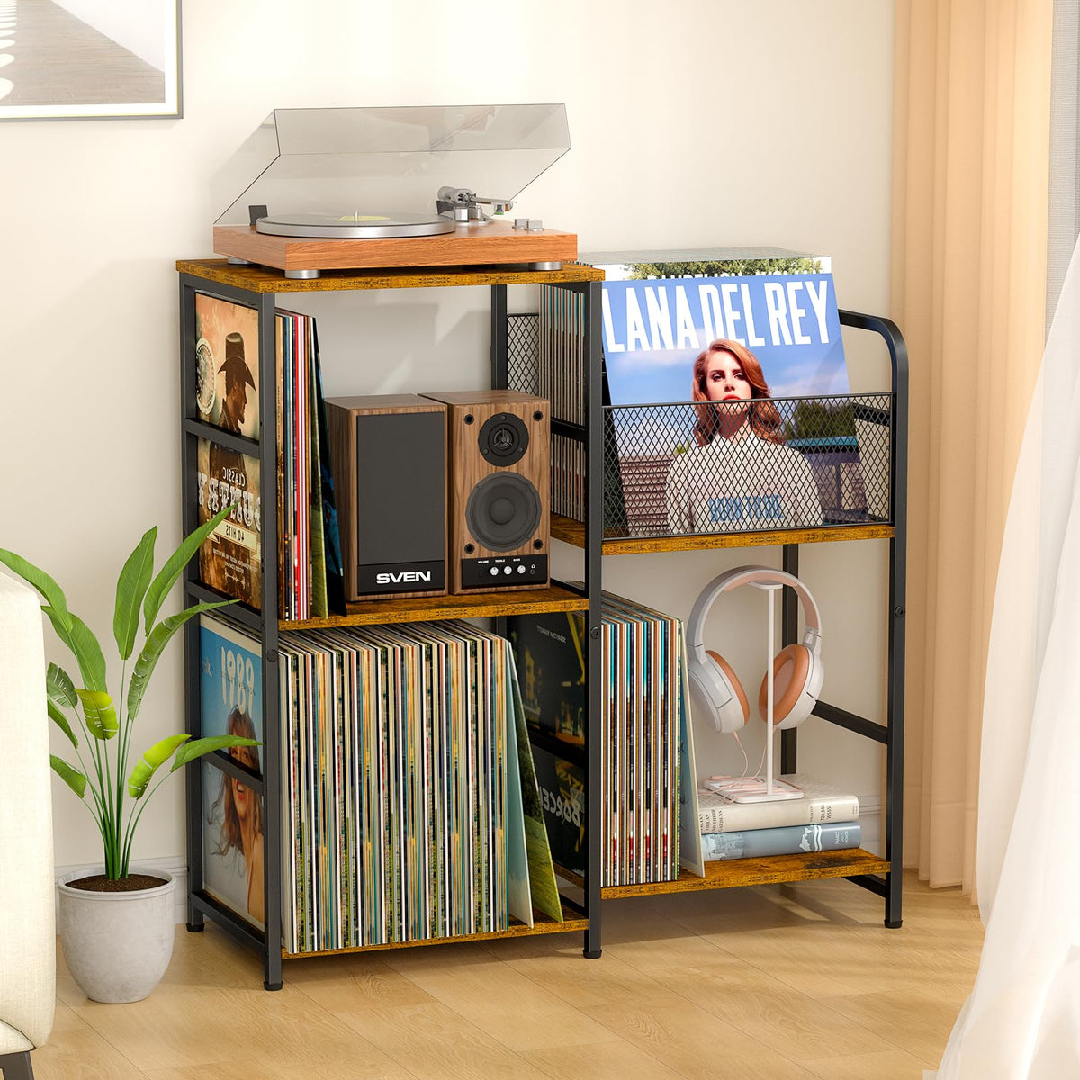 ThreeHio record player stand left side two tier shelf for vinyl storage