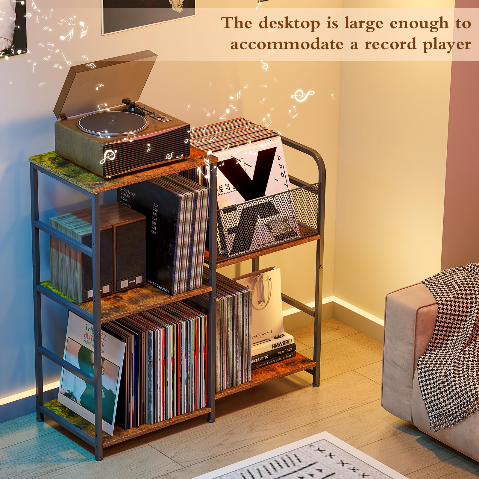 ThreeHio record player stand in living room setup for vinyl access