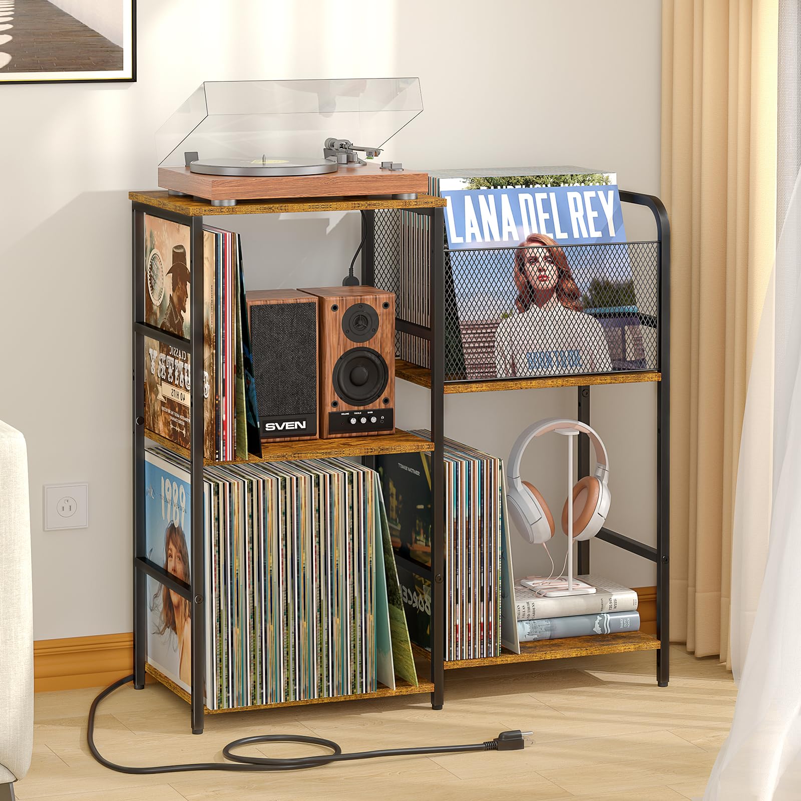 ThreeHio record player stand with power outlets and LED light for convenient charging and ambiance.