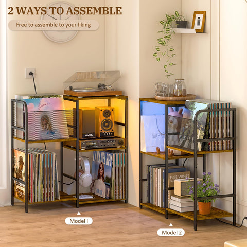 ThreeHio record player stand with two-sided vinyl storage to organize 300+ albums.