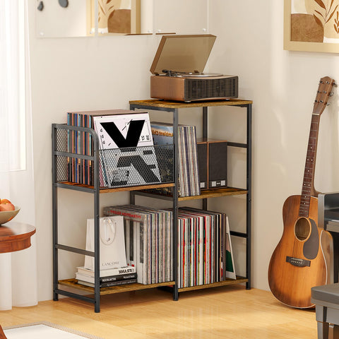 ThreeHio record player stand with vinyl storage and retro aesthetic