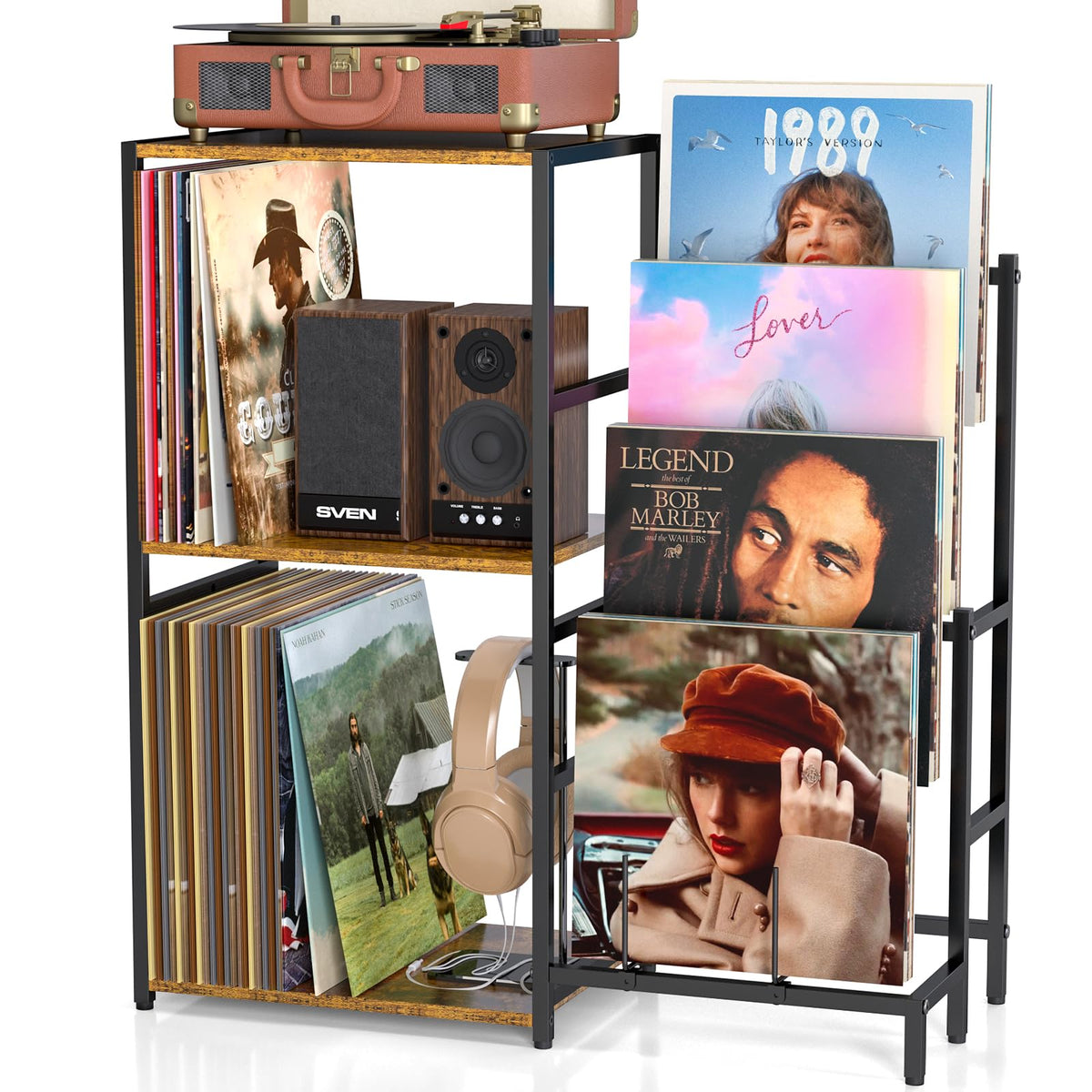 ThreeHio record player stand shown with a sleek finish for living rooms