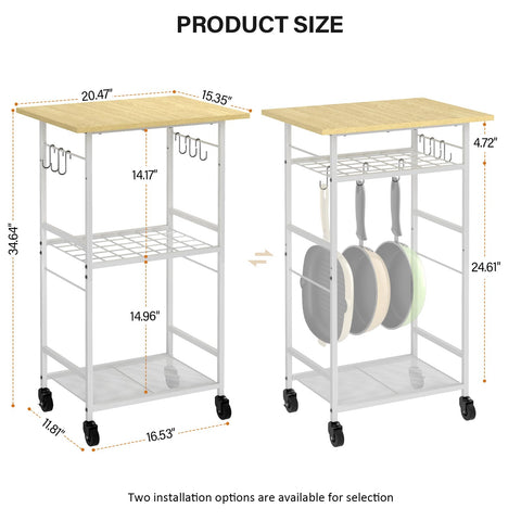 ThreeHio rolling kitchen cart with locking wheels enhances stability during use.