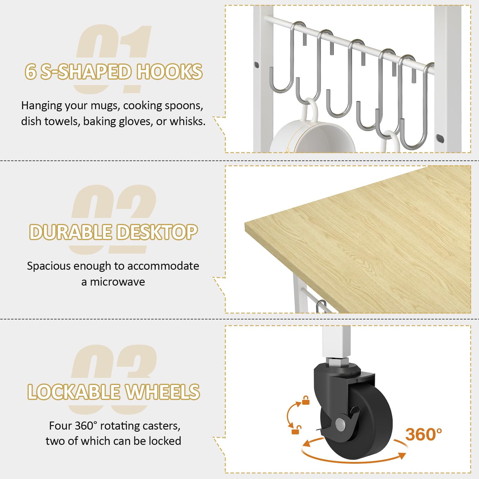 ThreeHio rolling kitchen cart features S-shaped hooks for utensils and towels.
