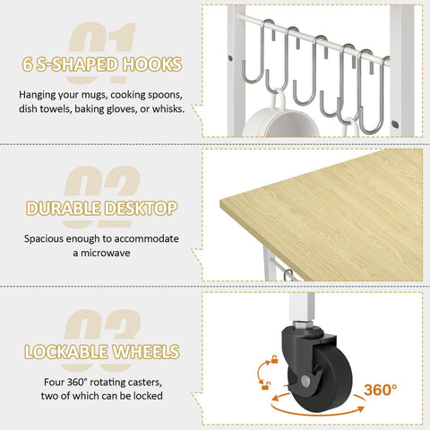 ThreeHio rolling kitchen cart features S-shaped hooks for utensils and towels.