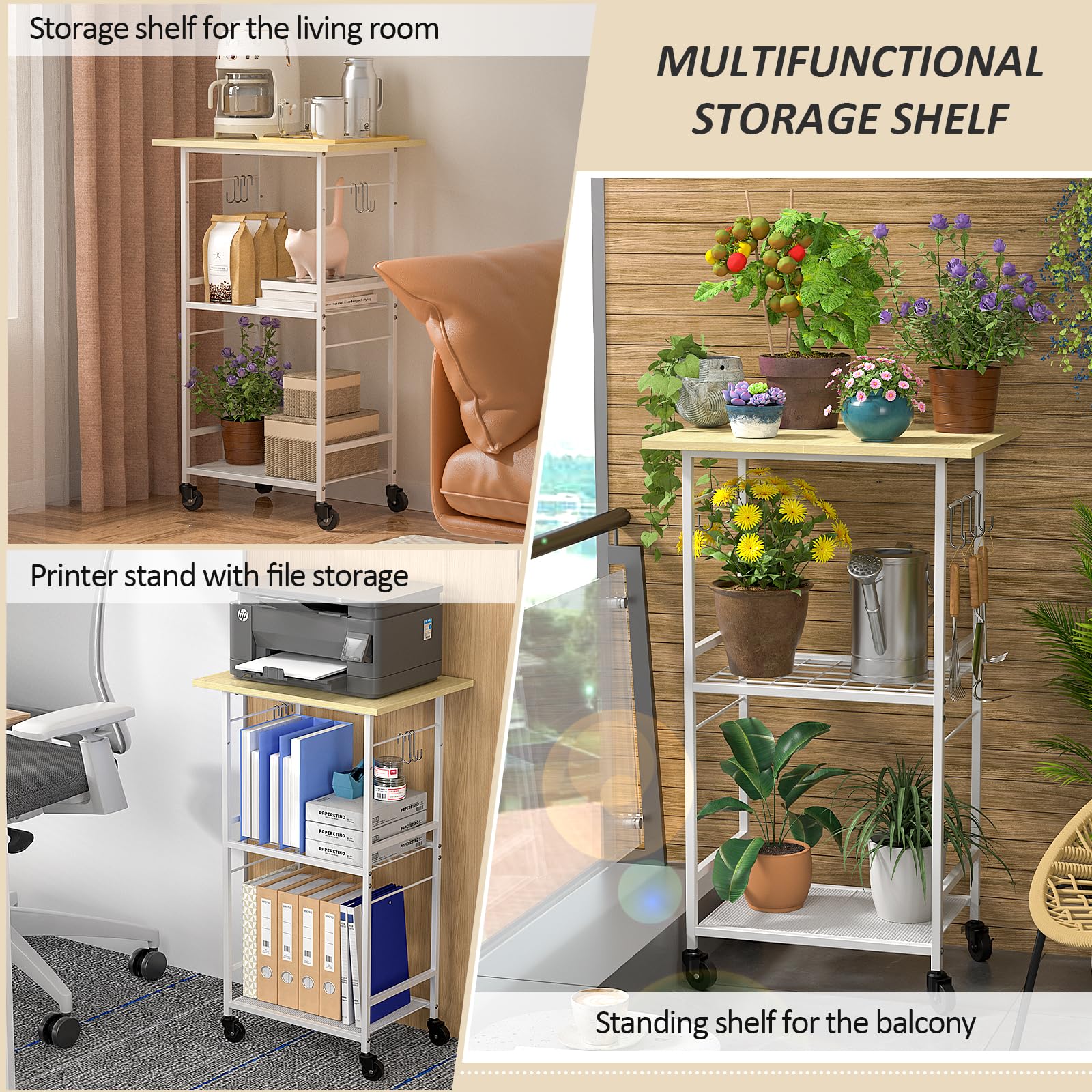 ThreeHio rolling cart shows wood and metal construction for durable kitchen organization.