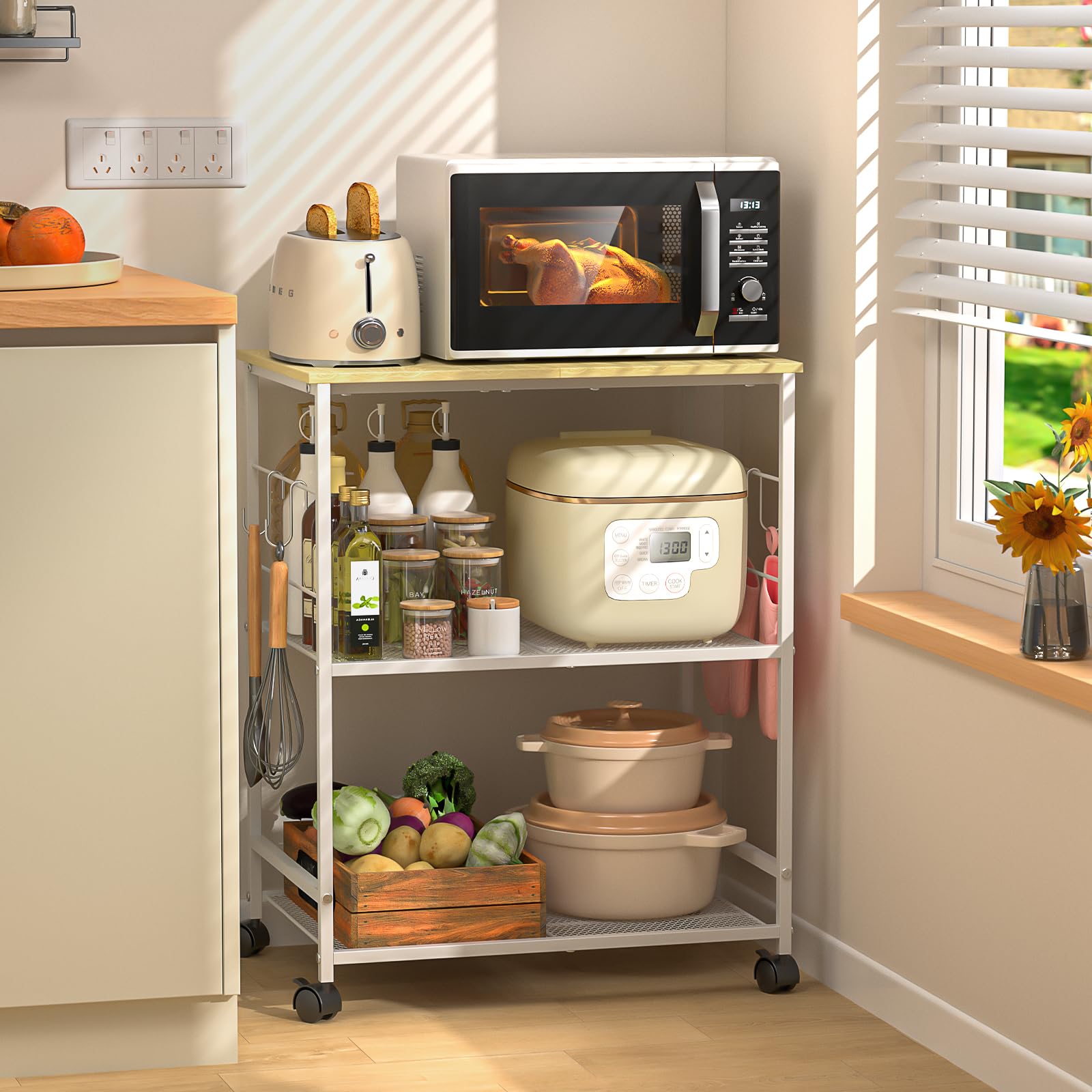 ThreeHio rolling kitchen microwave cart with a 3-tier design for flexible storage.