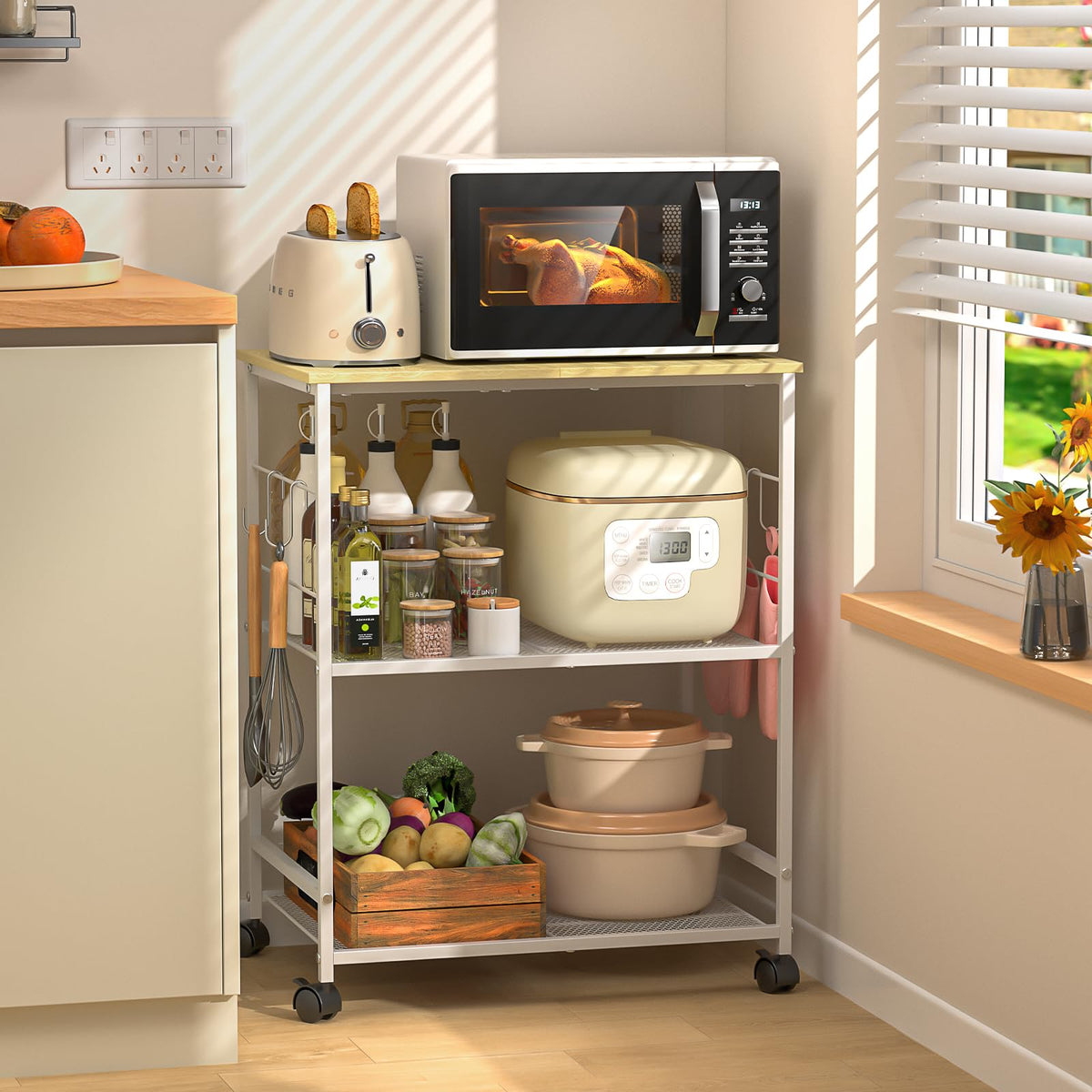 ThreeHio rolling kitchen microwave cart with a 3-tier design for flexible storage.