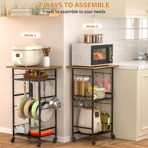 ThreeHio cart middle-shelf option demonstrates flexible microwave storage.