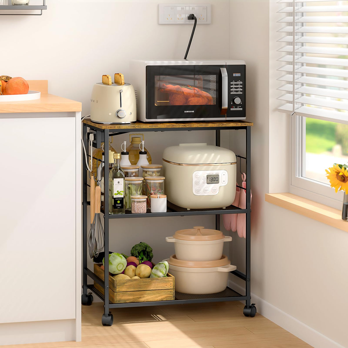 ThreeHio rolling kitchen cart with outlets for convenient microwave use in small spaces