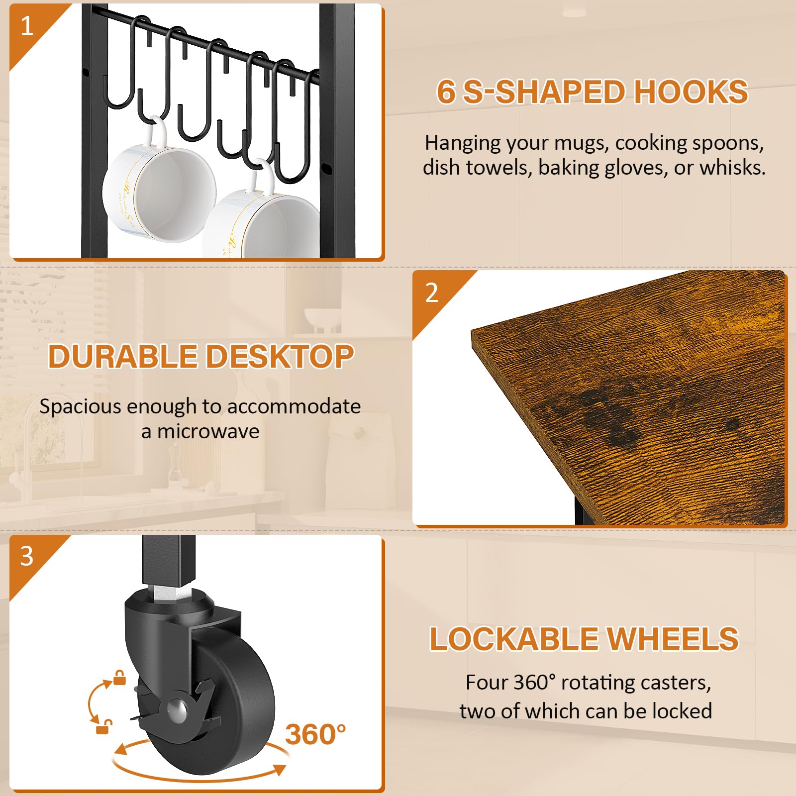 ThreeHio cart includes six hooks for mugs and utensils.