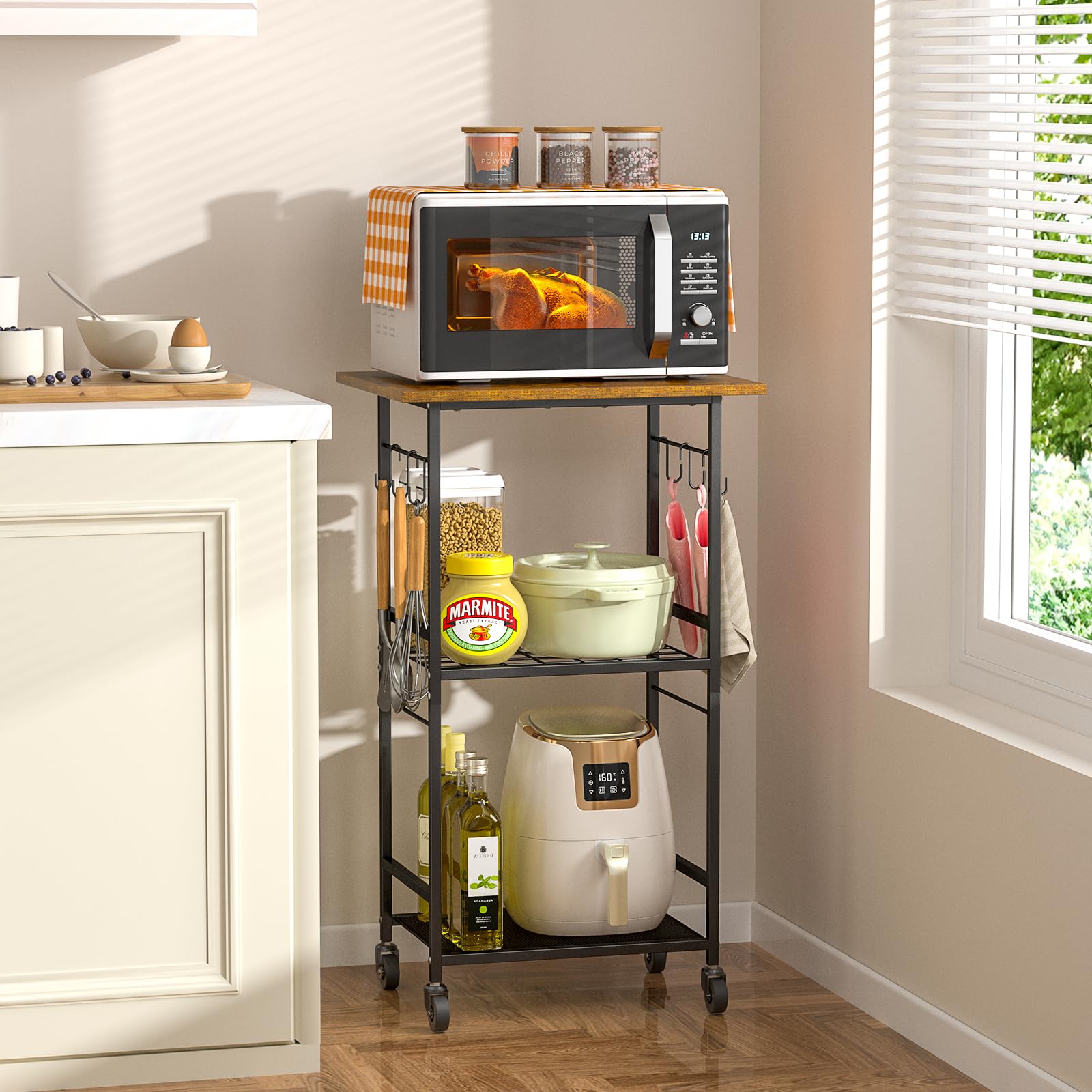 ThreeHio rolling kitchen microwave cart top view shows spacious three-tier storage.