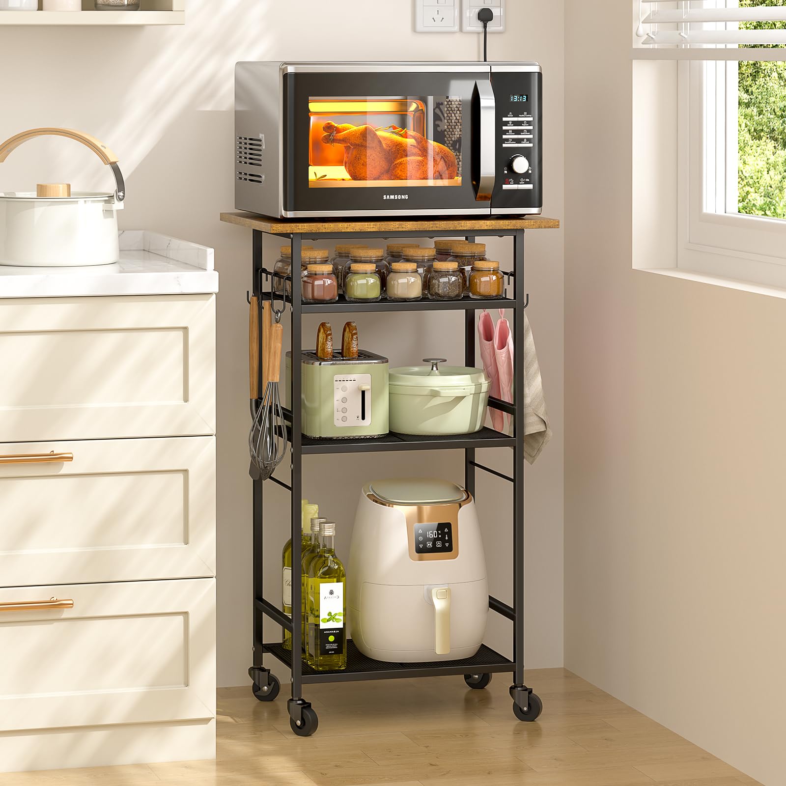 ThreeHio rolling kitchen cart wide shot showing ample microwave and pantry storage