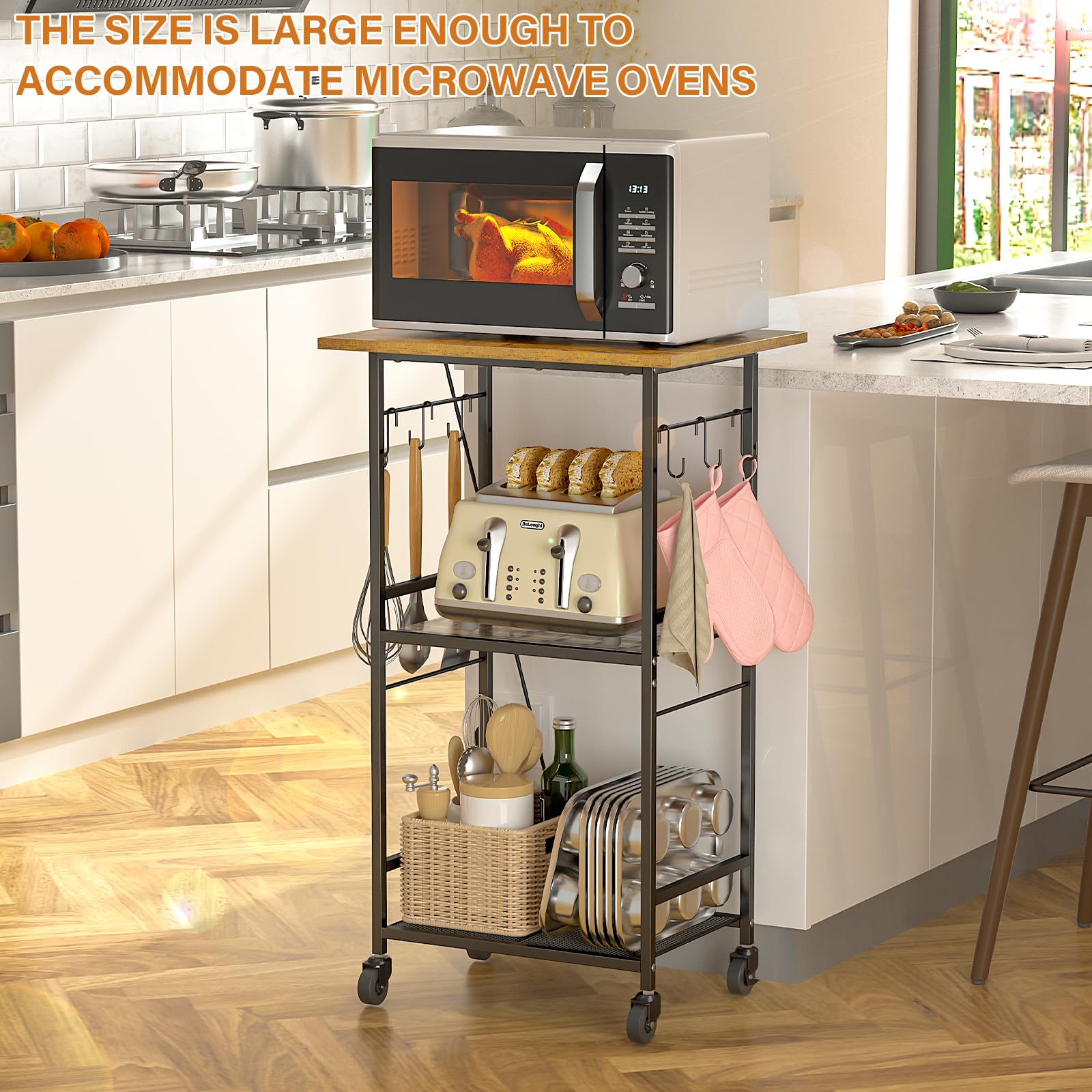 ThreeHio cart's wood and metal construction ensures durability.