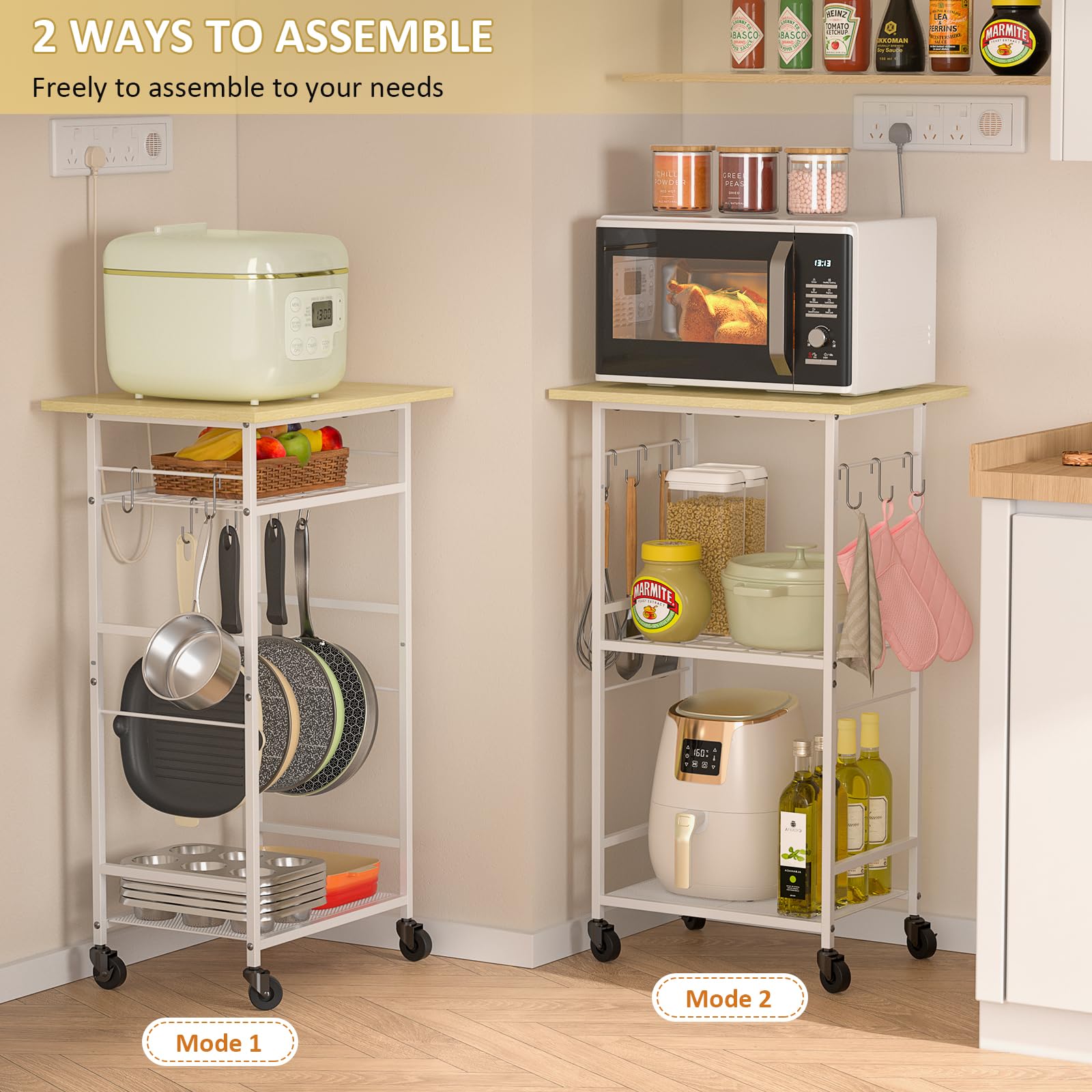ThreeHio rolling microwave cart middle-shelf demonstrates efficient storage for small appliances.