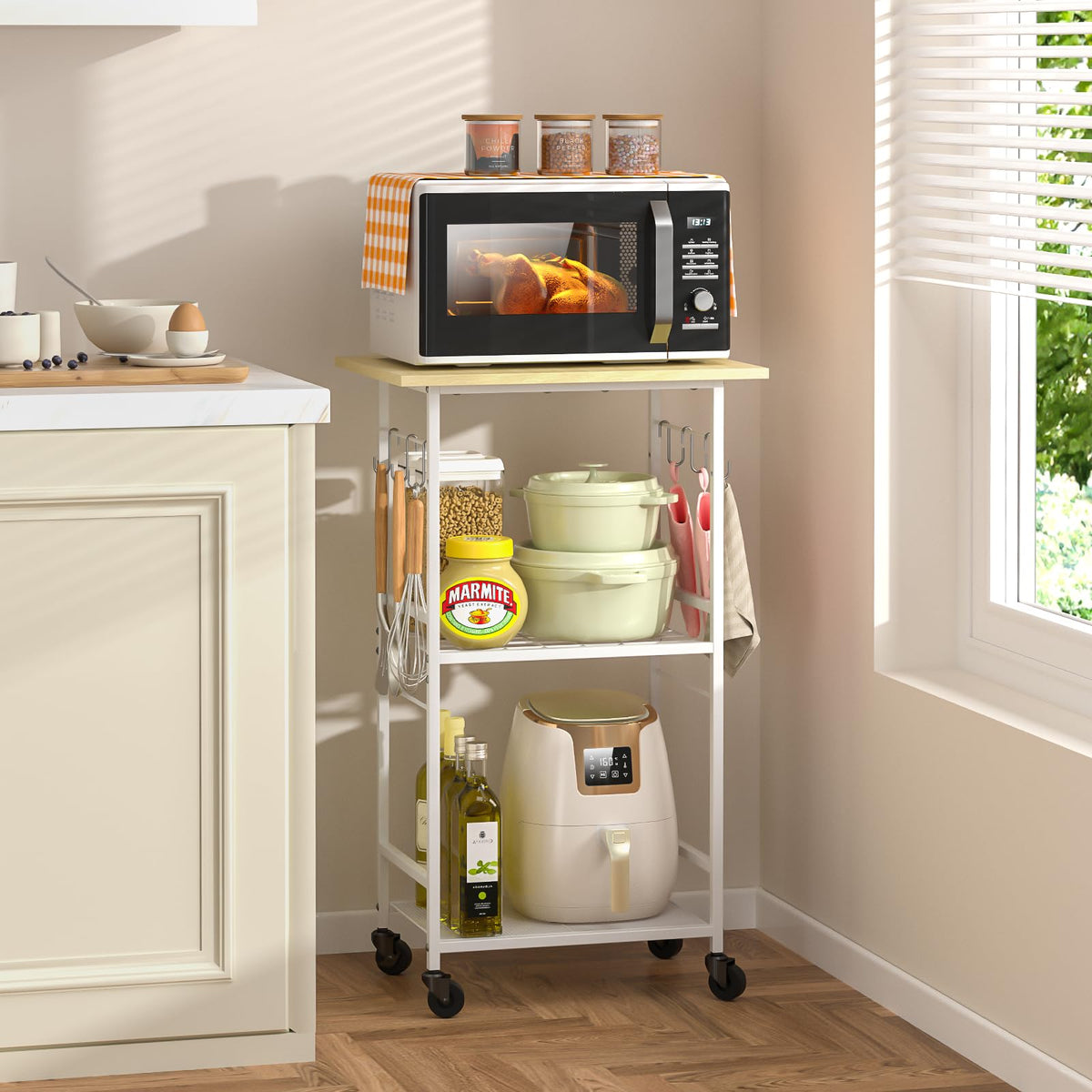 ThreeHio rolling microwave cart top shelf offers accessible microwave placement and extra prep space.
