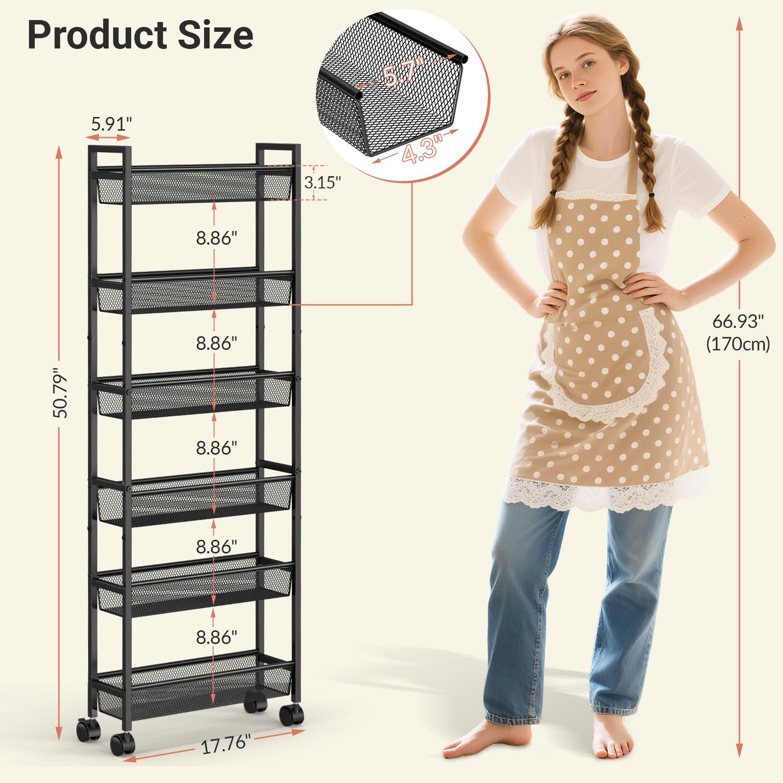 ThreeHio slim cart between fridge and counter, maximizing space.