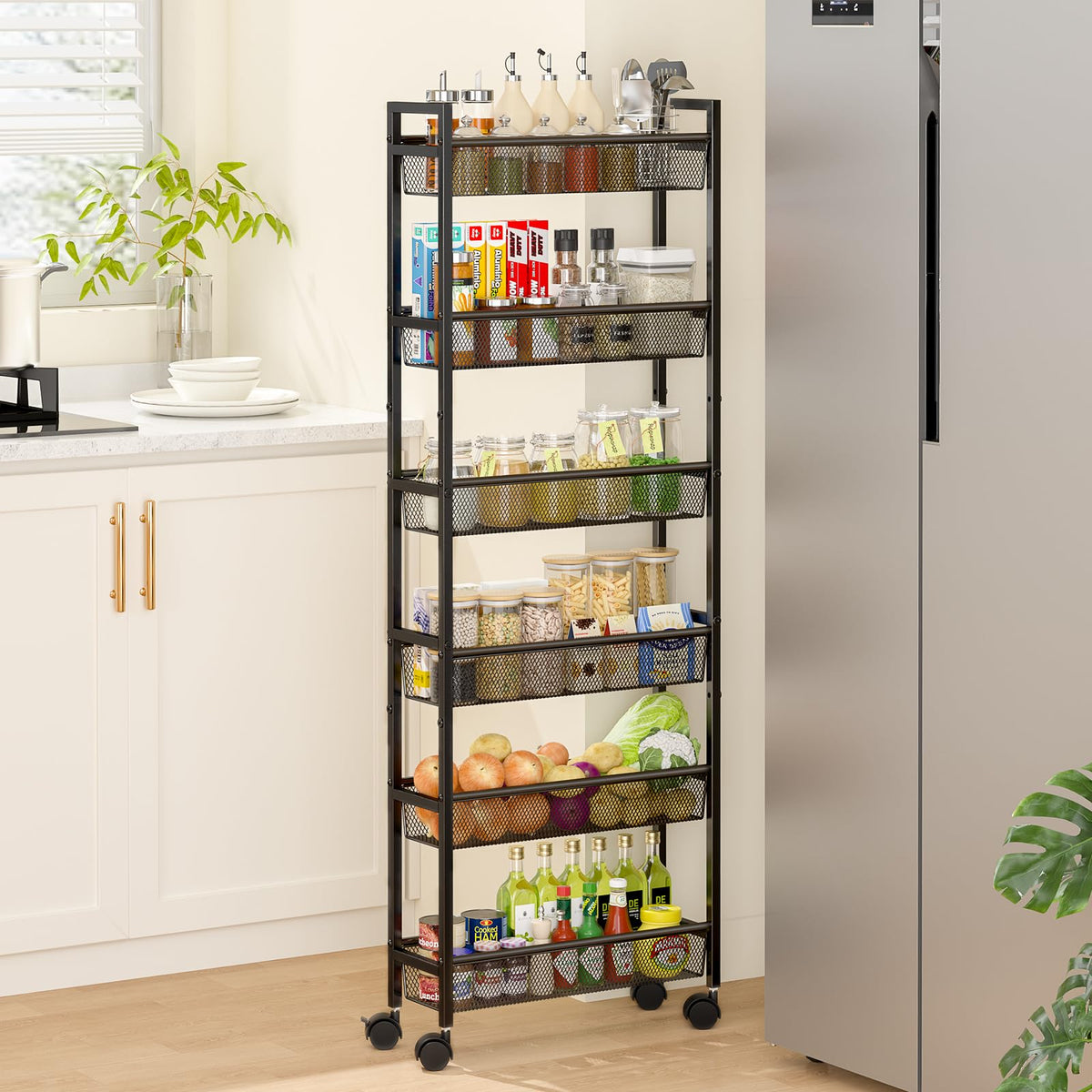 ThreeHio six-tier slim storage cart, front view, shows compact design.
