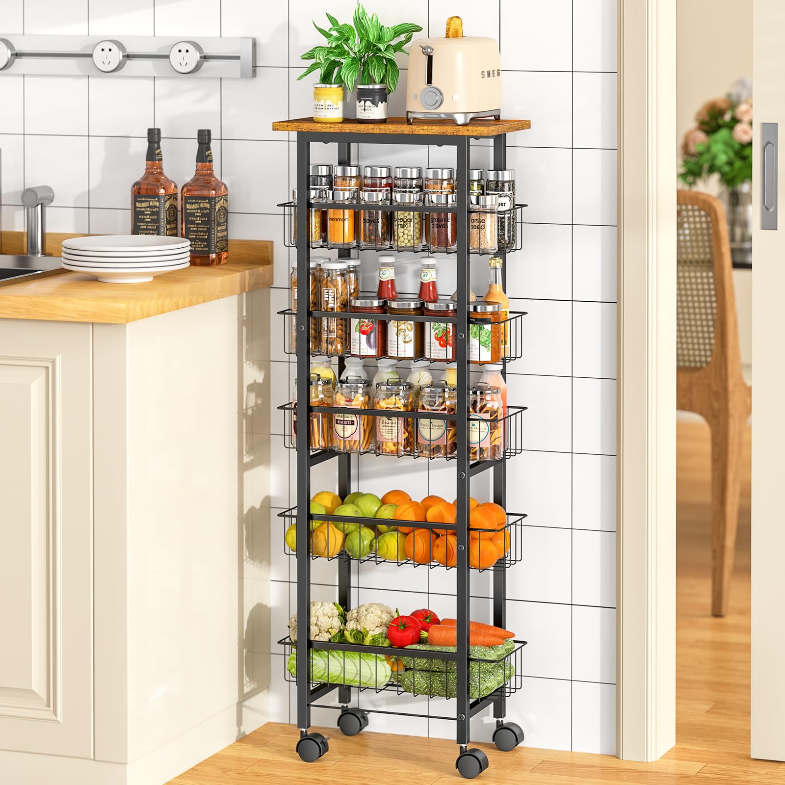 ThreeHio six-tier slim storage cart with wooden top ideal for compact spaces.