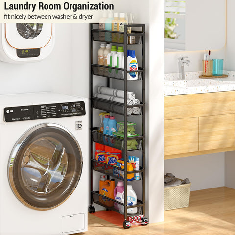 ThreeHio six-tier cart in kitchen, keeps bottles organized neatly.