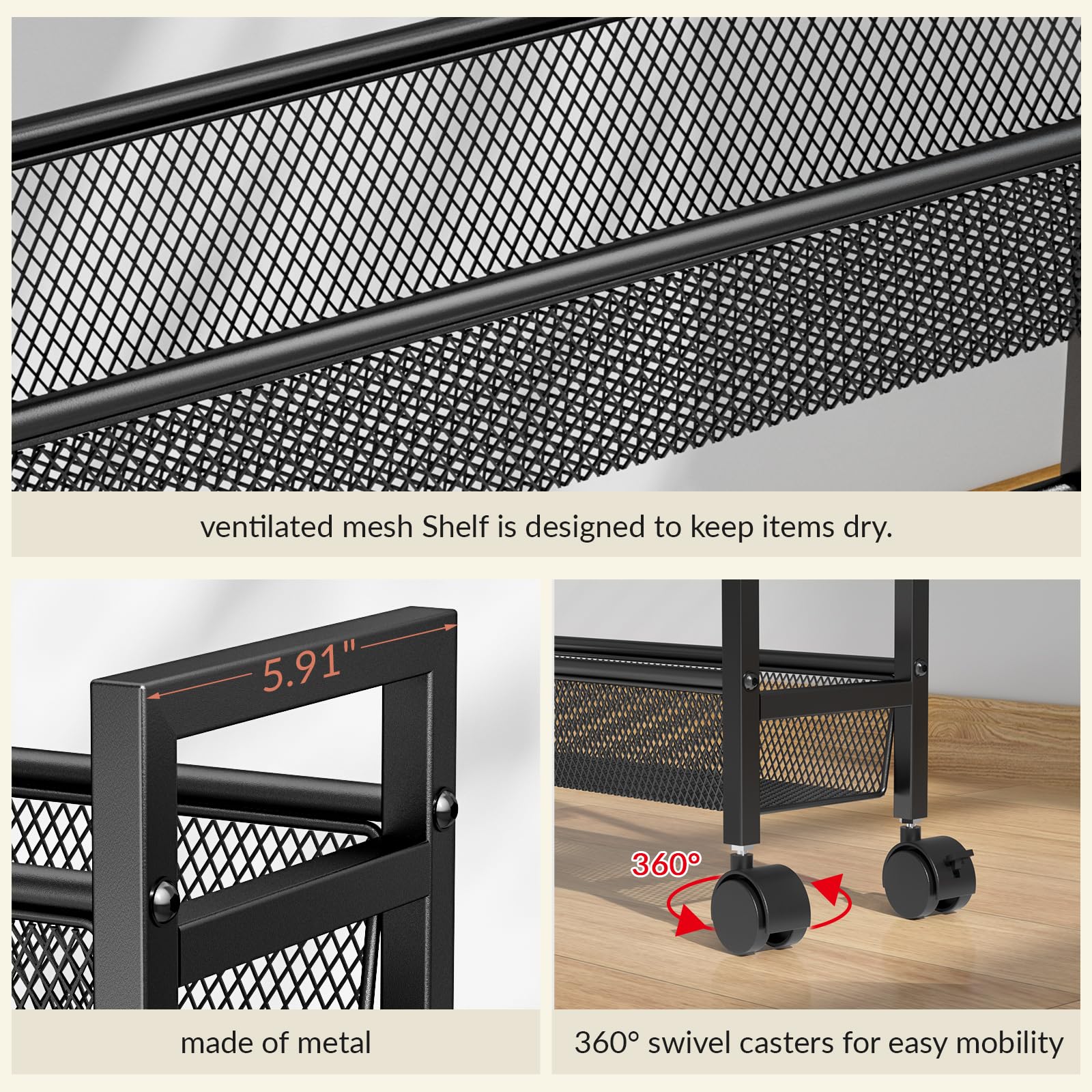 ThreeHio slim cart in a tight corner, maximizing small-space storage.