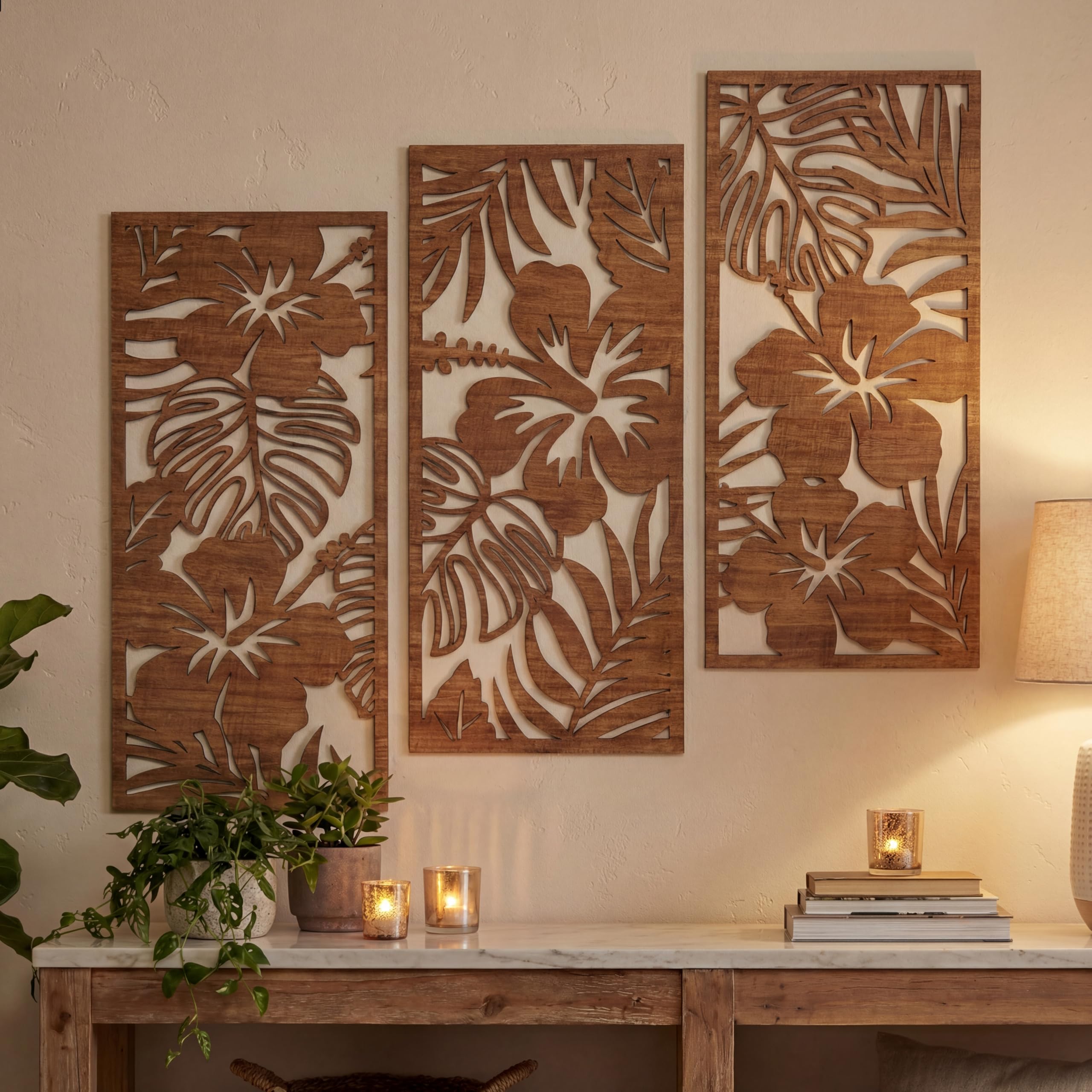 Threehoney 3pc tropical palm leaf wall art set enhances living room ambiance
