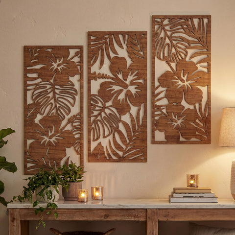 Threehoney 3pc tropical palm leaf wall art set enhances living room ambiance