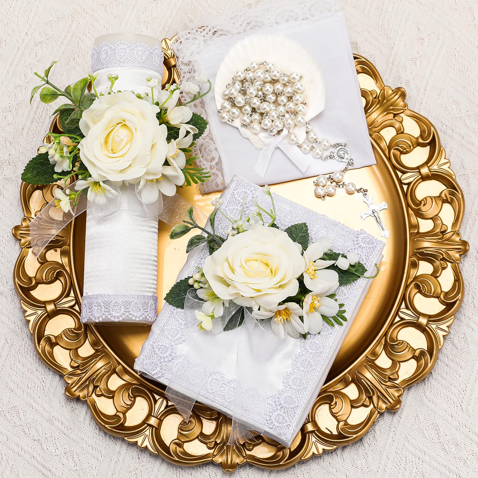 Threlaco baptism candle set white candle with flower, ideal centerpiece.