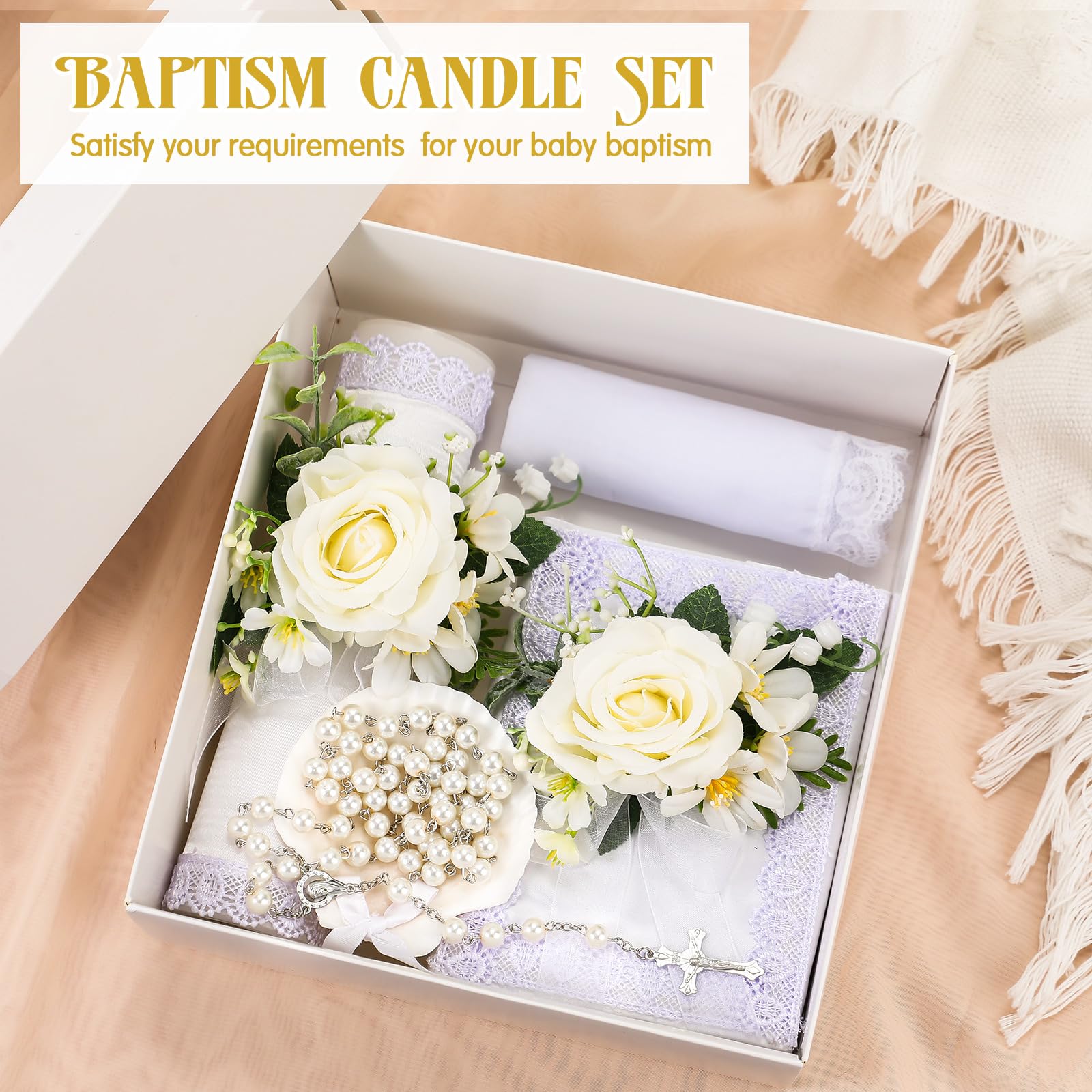 Threlaco baptism towel displayed beside candle for gentle ceremony prep.