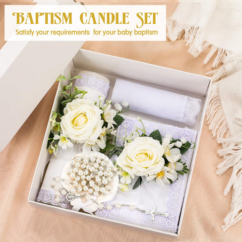 Threlaco baptism towel displayed beside candle for gentle ceremony prep.