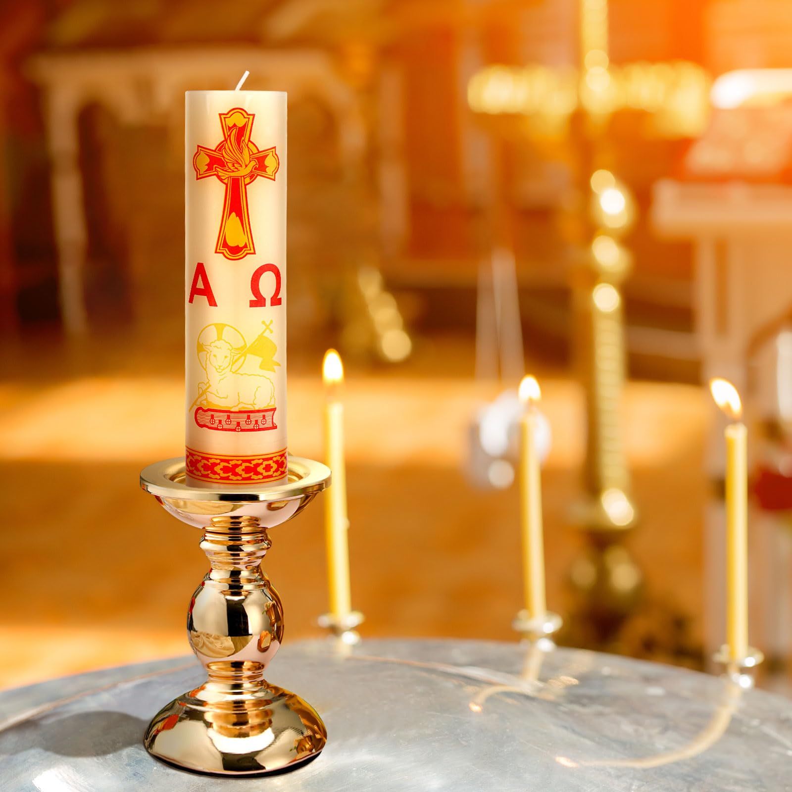 Threlaco gold candelabra base provides durable support and surface protection.