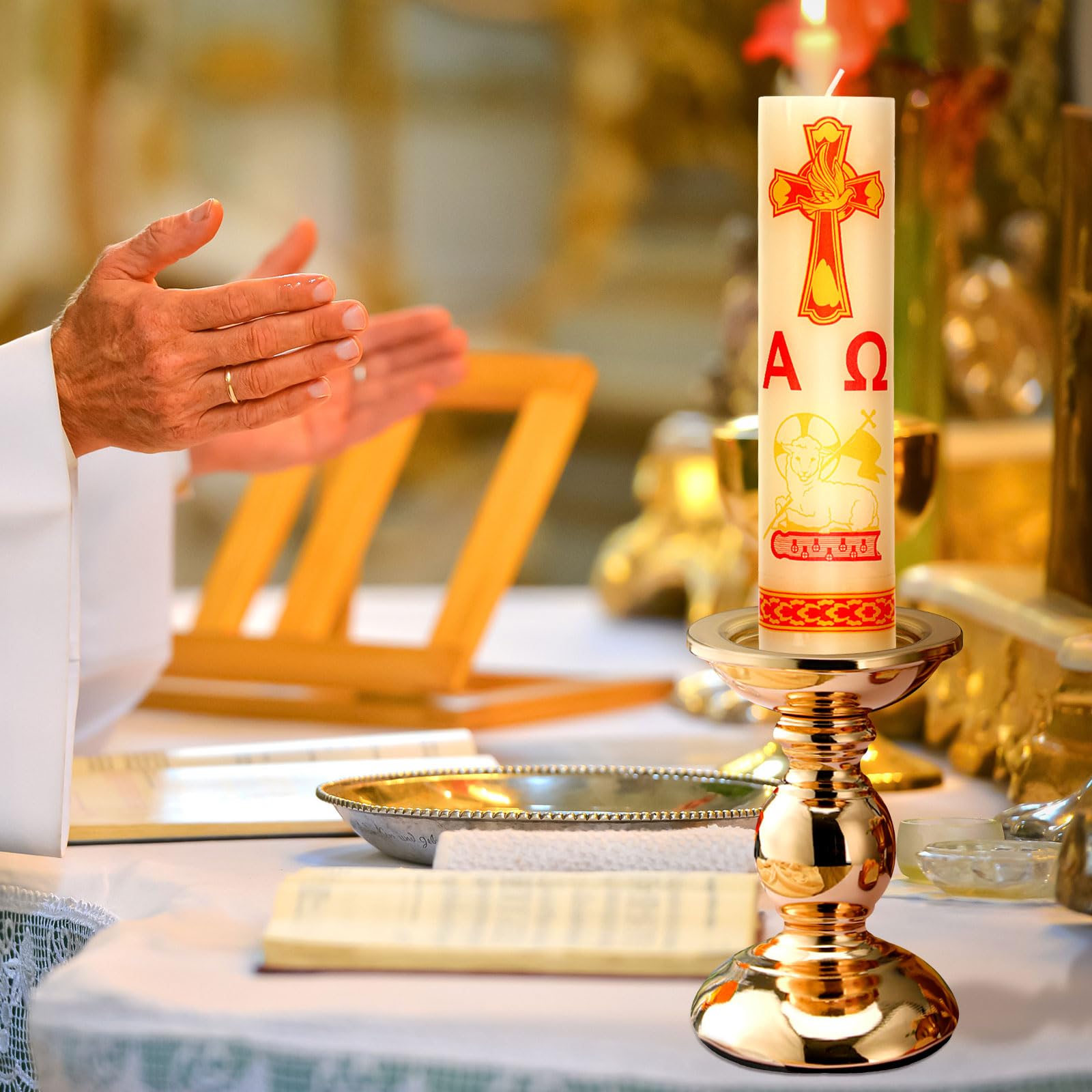 Threlaco gold iron candle holder with velvet base for church decor.