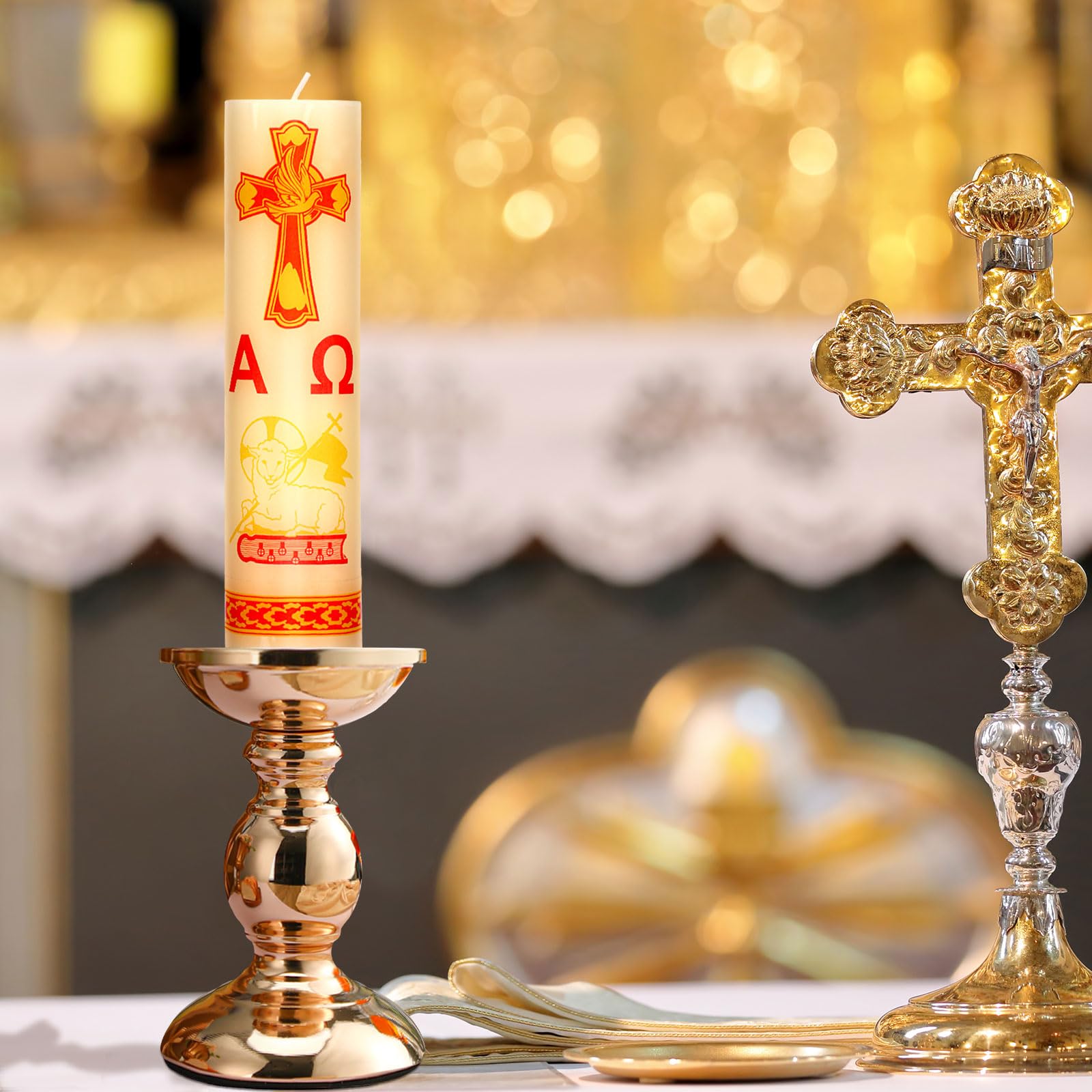 Threlaco Paschal Candle features a red decorative sticker for elegance.