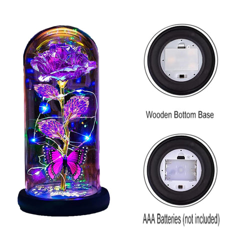 Thrjia glass dome rose LED lighting enhances daytime and evening display.