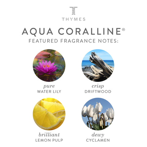 Thymes Aqua Coralline bathroom-use spray highlights quick odor neutralization and a refreshing ambience.